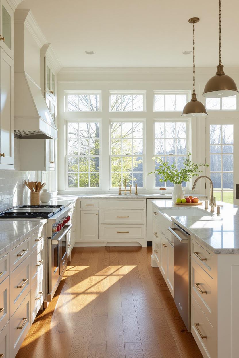 Beautiful custom kitchen remodel in Knoxville TN featuring white cabinets, quartz countertops, and hardwood floors